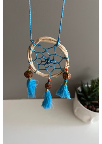 Rattan Kasnaklı El Yapımı Araba Süsü/kapı Süsü Düş Kapanı/dreamcatcher-Mavi-7 cm Çap