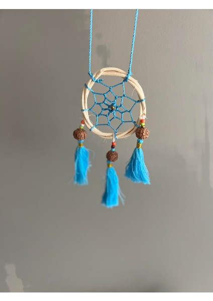 Rattan Kasnaklı El Yapımı Araba Süsü/kapı Süsü Düş Kapanı/dreamcatcher-Mavi-7 cm Çap