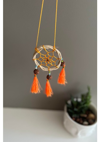 Rattan Kasnaklı El Yapımı Araba Süsü/kapı Süsü Düş Kapanı/dreamcatcher-Turuncu-7 cm Çap