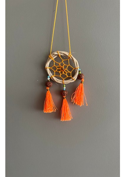 Rattan Kasnaklı El Yapımı Araba Süsü/kapı Süsü Düş Kapanı/dreamcatcher-Turuncu-7 cm Çap