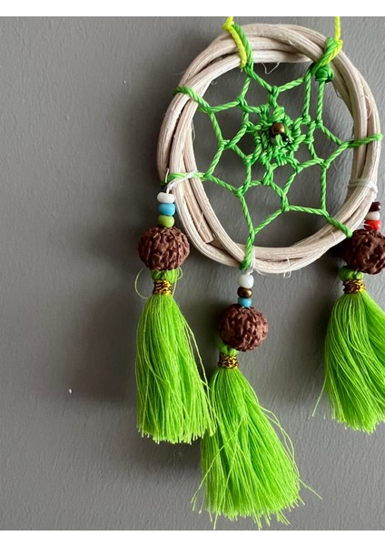 Rattan Kasnaklı El Yapımı Araba Süsü/kapı Süsü Düş Kapanı/dreamcatcher-Yeşil-7 cm Çap