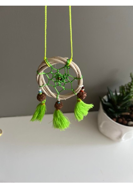 Rattan Kasnaklı El Yapımı Araba Süsü/kapı Süsü Düş Kapanı/dreamcatcher-Yeşil-7 cm Çap