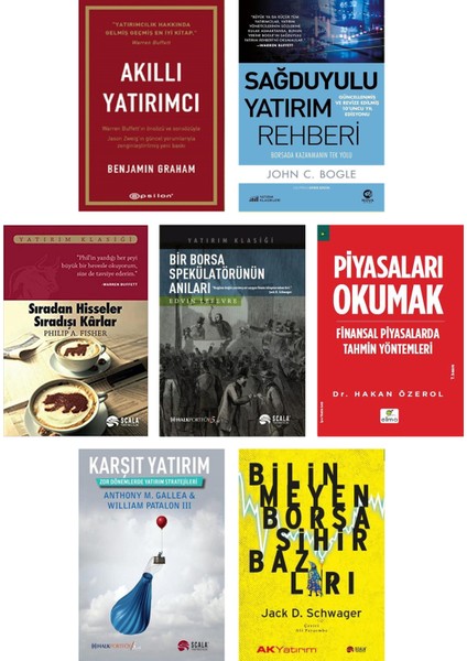 – Bir Borsa Spekülatörünün Anıları + Karşıt Yatırım + Bilinmeyen Borsa Sihirbazlar + Akıllı Yatırımcı + Sağduyulu Yatırım Rehberi + Sırdan Hisseler Sıradışı Karlar + Piyasaları Okumak