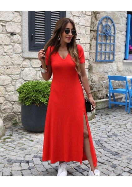 Kadın Kısa Kollu V Yaka Maxi Boy Elbise (Renkli)