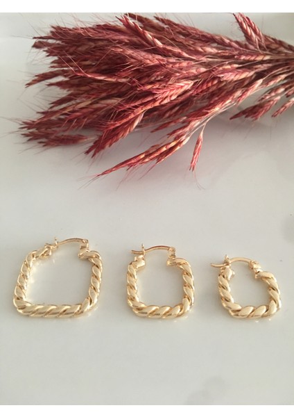 Kare Burgu Gold Küpe 3'lü