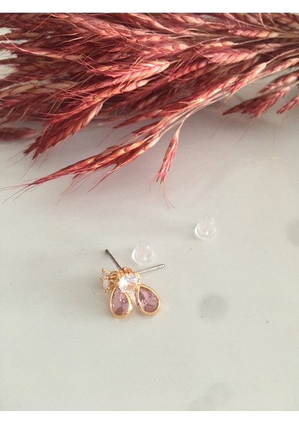Renkli Taşlı Minimal Damla Küpe Pembe