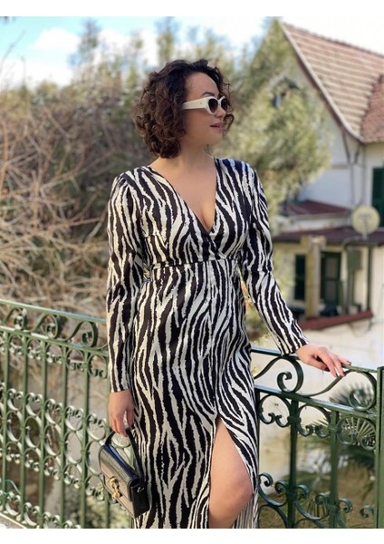 Desenli Zebra Saten Elbise