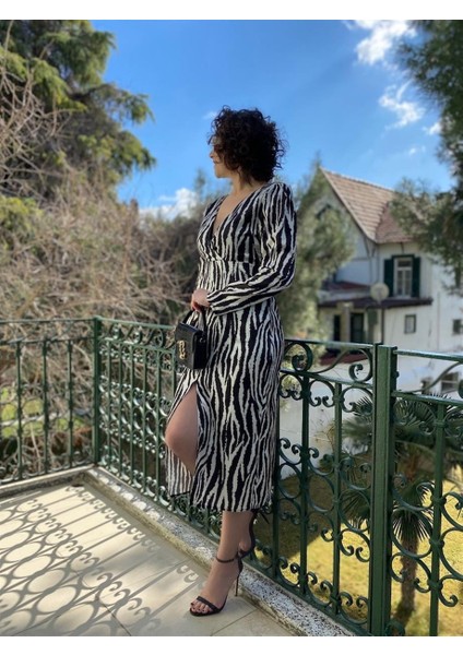Desenli Zebra Saten Elbise