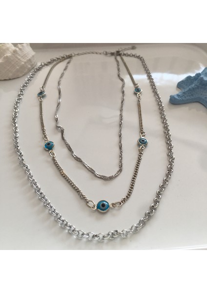 3 Zincir Nazar Boncuklu Kolye Silver fiyatları