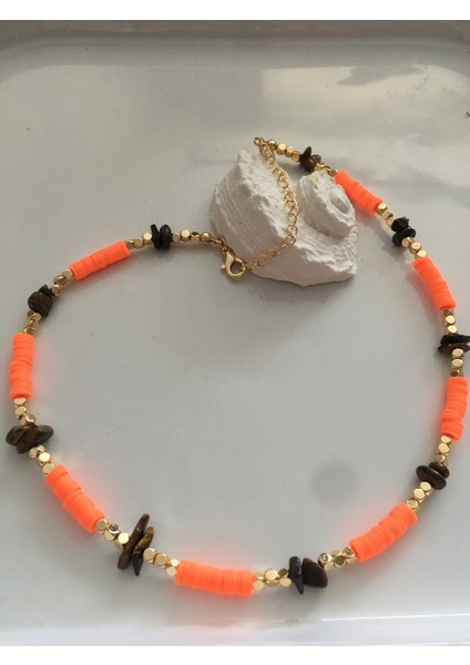 Doğal Taşlı Turuncu Boncuklu Choker Kolye