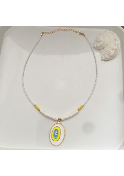 Mineli Boncuk Kolye Beyaz