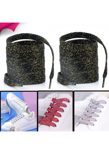 Airyfoot Siyah Altın 120 cm Simli Yassı Bağcık, Bot, Spor, Converse, Günlük Ayakkabı Bağcığı