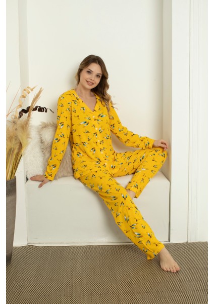 Tweety Desenli Uzun Kollu Düğmeli Kadın Pijama Takımı