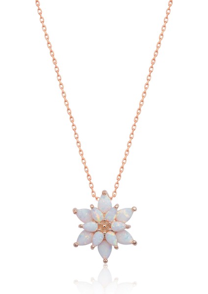 925 Ayar Beyaz Opal Taşlı Gümüş Lotus Kolye