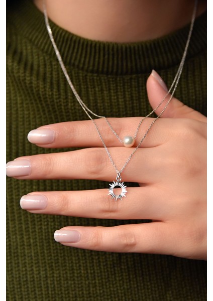 925 Ayar Gümüş Rodyum Kaplama Kristal Kesim Inci ve Güneş Asansörlü Kolye