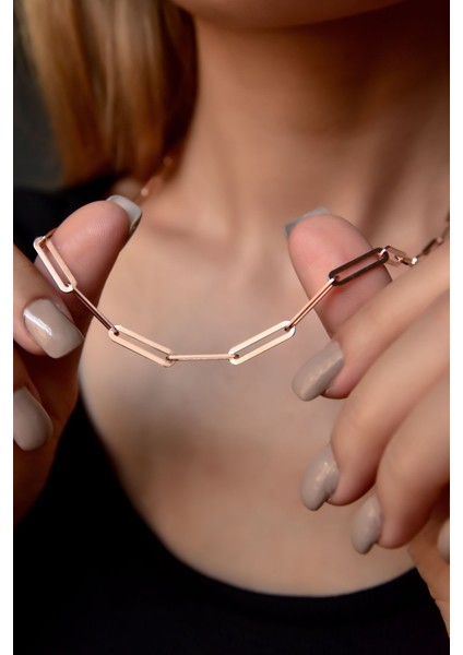 925 Ayar Gümüş Rose Kaplama Ataç Zincir Kolye