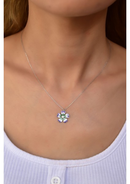 925 Ayar Gümüş Rodyum Kaplama Mineli Tektaş Yonca Kolye fiyatları