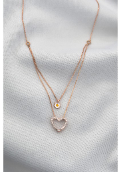 925 Ayar Gümüş Rose Kaplama Kalp ve Papatya Asansör Kadın Kolye