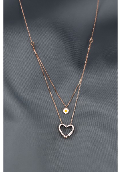 925 Ayar Gümüş Rose Kaplama Kalp ve Papatya Asansör Kadın Kolye fiyatları