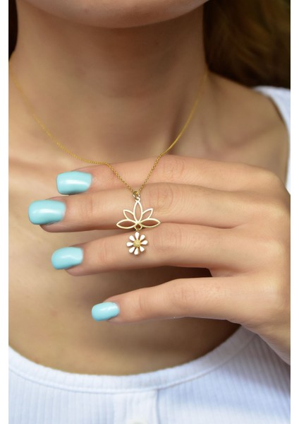 925 Ayar Gümüş Altın Kaplama Mineli Kartanesi Lotus Çiçeği Kolye