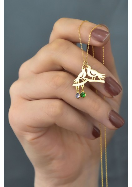 925 Ayar Gümüş Altın Kaplama Doğum Taşlı Çifte Kumrular Kolye