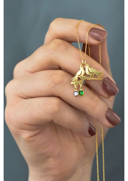 925 Ayar Gümüş Altın Kaplama Doğum Taşlı Çifte Kumrular Kolye modelleri