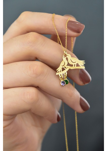 925 Ayar Gümüş Altın Kaplama Doğum Taşlı Çifte Kumrular Kolye fırsatları