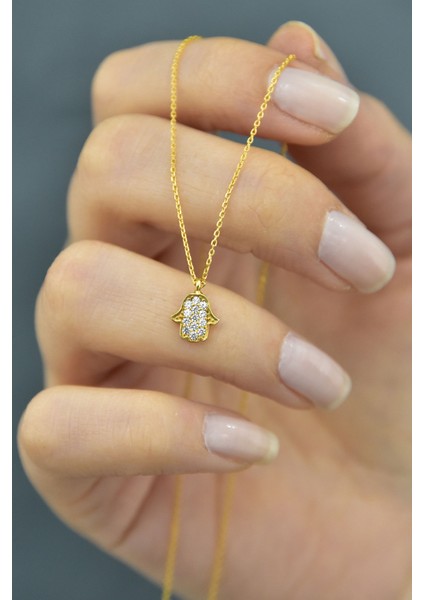 925 Ayar Altın Kaplama Zirkon Taşlı Gümüş Fatma Ana Eli Kolye