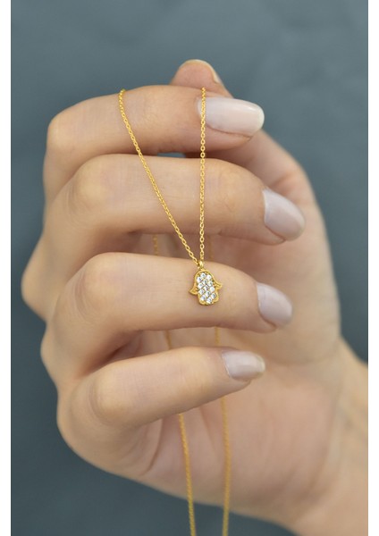 925 Ayar Altın Kaplama Zirkon Taşlı Gümüş Fatma Ana Eli Kolye fiyatları