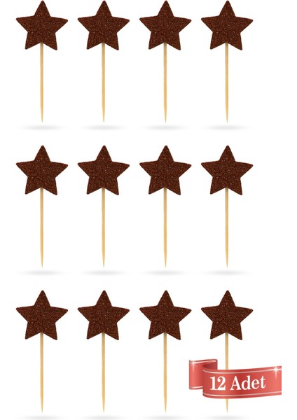 Kahverengi Yıldız Simli Eva Kürdan Cupcake Toppers Cupcake Çubuğu 12'li modelleri