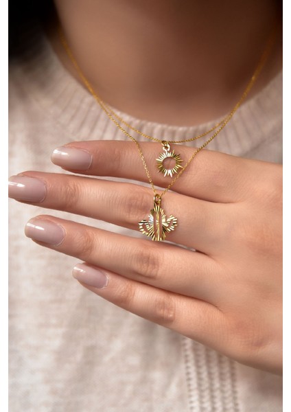 925 Ayar Gümüş Altın Kaplama Kristal Kesim Güneş ve Kaktüs Asansörlü Kolye