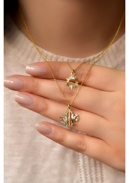 925 Ayar Gümüş Altın Kaplama Kristal Kesim Güneş ve Kaktüs Asansörlü Kolye modelleri