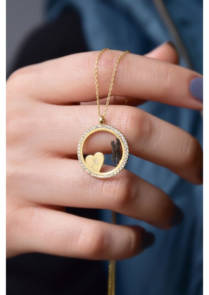 925 Ayar Gümüş Altın Kaplama Kalpli Harf Aşk Çemberi Kolye