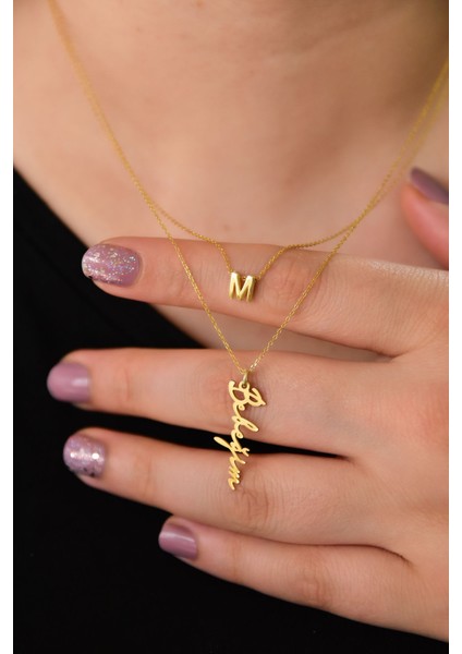 925 Ayar Gümüş Altın Kaplama Harf ve Bebeğim Yazılı Asansörlü Kolye