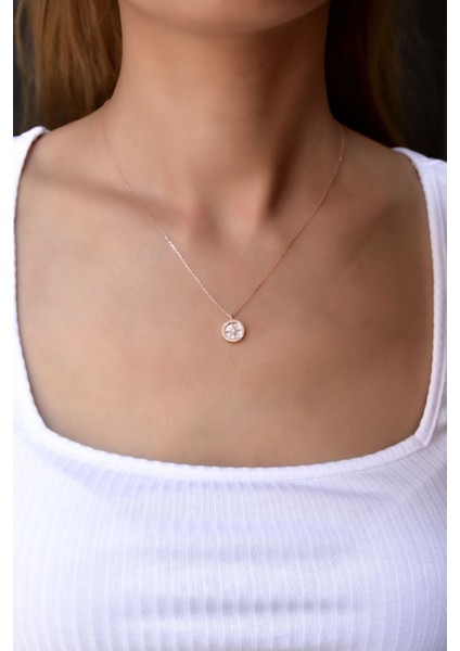 925 Ayar Gümüş Rose Kaplama Taşlı Pusula Kadın Kolye fiyatları