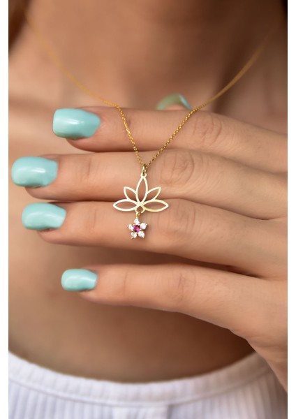 925 Ayar Gümüş Altın Kaplama Pembe Çiçekli Lotus Çiçeği Kolye