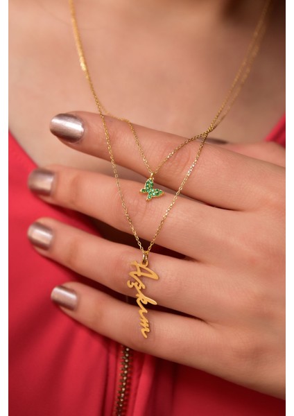 925 Ayar Gümüş Altın Kaplama Yeşil Kelebek ve Aşkım Yazılı Asansörlü Kolye