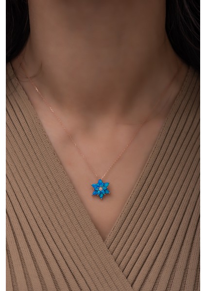 Mavi Opal Taşlı 925 Ayar Gümüş Lotus Kolye modelleri