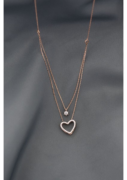 925 Ayar Gümüş Rose Kaplama Tektaş ve Kalp Asansör Kadın Kolye