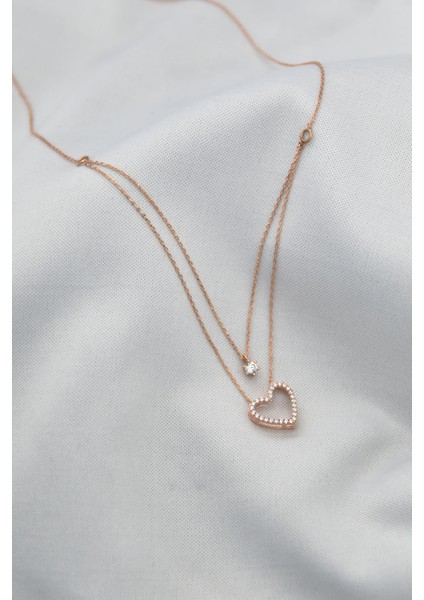 925 Ayar Gümüş Rose Kaplama Tektaş ve Kalp Asansör Kadın Kolye fiyatları