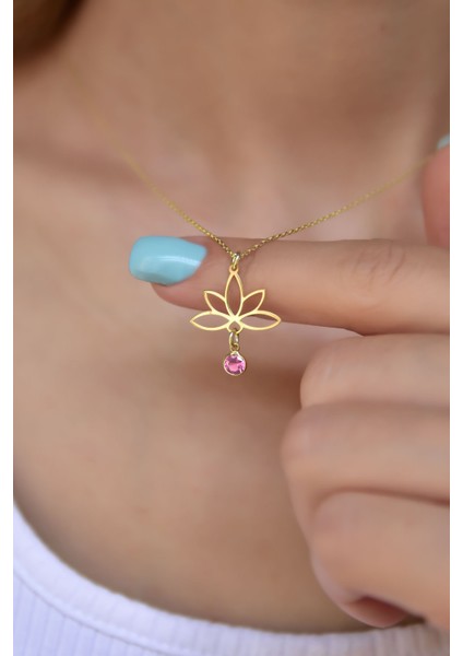 925 Ayar Gümüş Altın Kaplama Lotus Ekim Ayı Doğum Taşı Kolye