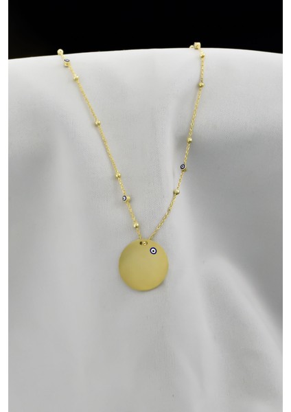 925 Ayar Gümüş Altın Kaplama Lacivert Nazar Mineli Plaka Kolye