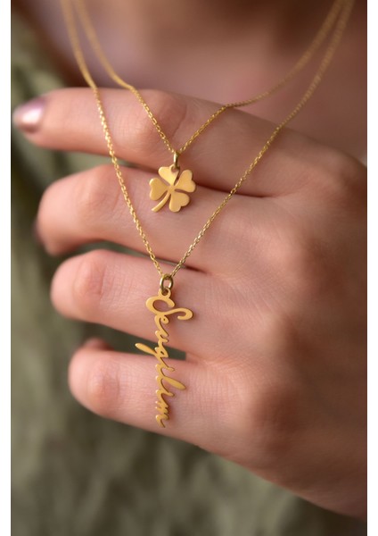 925 Ayar Gümüş Altın Kaplama Yonca ve Sevgilim Yazılı Asansörlü Kolye