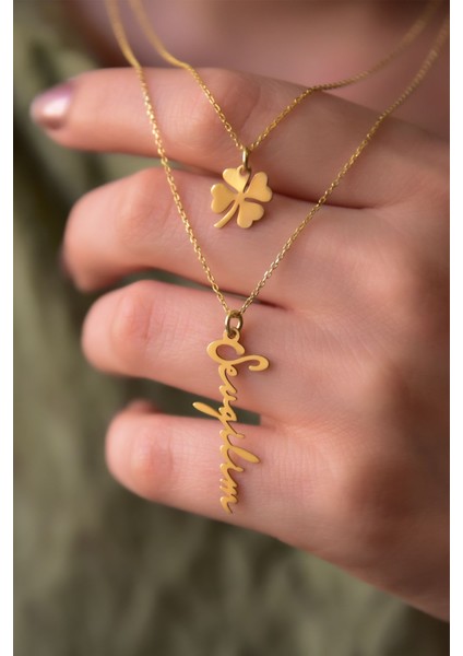 925 Ayar Gümüş Altın Kaplama Yonca ve Sevgilim Yazılı Asansörlü Kolye fiyatları