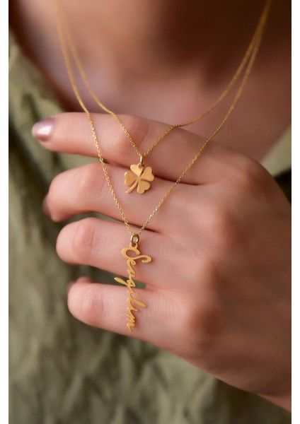 925 Ayar Gümüş Altın Kaplama Yonca ve Sevgilim Yazılı Asansörlü Kolye modelleri