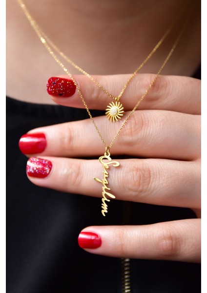 925 Ayar Gümüş Altın Kaplama Güneş ve Sevgilim Yazılı Asansörlü Kolye