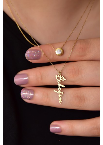 925 Ayar Gümüş Altın Kaplama Tektaş ve Bebeğim Yazlı Asansörlü Kolye