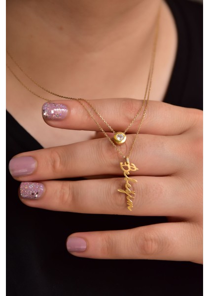 925 Ayar Gümüş Altın Kaplama Tektaş ve Bebeğim Yazlı Asansörlü Kolye fiyatları