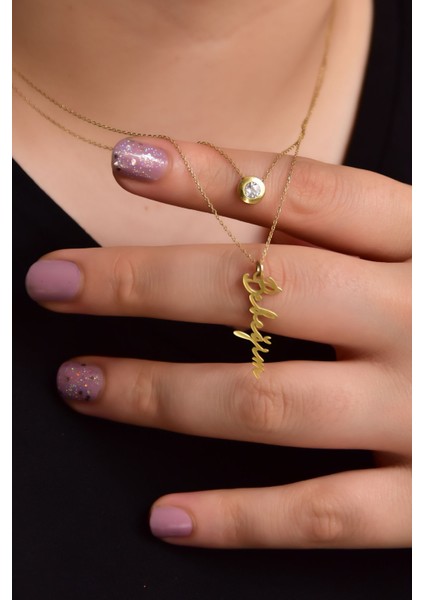 925 Ayar Gümüş Altın Kaplama Tektaş ve Bebeğim Yazlı Asansörlü Kolye modelleri