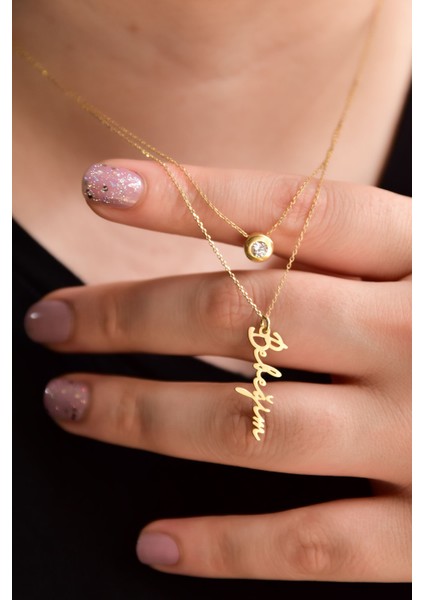 925 Ayar Gümüş Altın Kaplama Tektaş ve Bebeğim Yazlı Asansörlü Kolye fırsatları